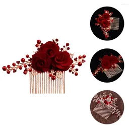 Bandanas Crystal Headpiece Red Hair Plug Flower Comb Pearls 15X5CM Wedding Side Bridal Cloth Bride