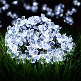 Solar Cherry Blossom Flower Garland LED String Fairy Lights Crystal Flowers For outdoor Wedding Xmas Decors