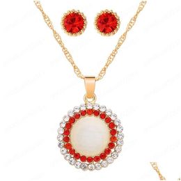 Earrings Necklace Opal Stone Jewellery Sets Gold Colour Round Pendant Add Stud For Women Bridal Set Gift Drop Delivery Dhbla