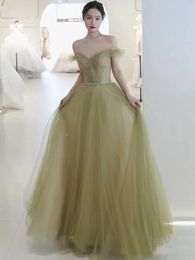 Sage Evening Dresses Long Prom Gowns Off the Shoulder Lace-up with Zipper Back Floor Length Party Dresses