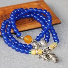 Strand 6mm Blue Chalcedony Bracelet Peanut Elephant Pendant Crystal Jewelry Hand Made Multilayer Chain Necklace Natural Stone