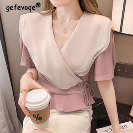 T-Shirt Korean V Neck Short Sleeve Pink Chiffon Blouse 2022 Summer Women Fashion Lace Up Slim Short Tshirt Ruffles Patchwork Top Female