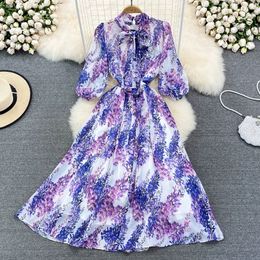 2023 Summer Light Mature Style Light Luxury Temperament Bow Tie Up Waist Slim 7/4 Sleeve A-line Chiffon Dress