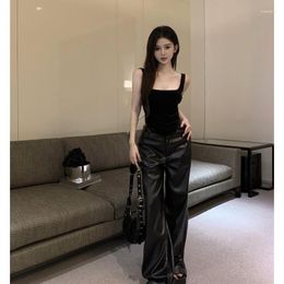Women's Two Piece Pants Women's Clothing Velvet Fishbone Suspender Inner Wear Vest With High Waist Straight PU Leather Loose Wide Leg