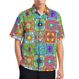 Men's Casual Shirts Vintage Patchwork Shirt Colorful Spanish Tile Beach Loose Hawaiian Blouses Short Sleeve Oversized Clothing