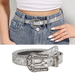 Belts L93F Locomotive Waist Belt With Relief Pattern Buckle For Woman Men Luxurious Full Sequins Strap Jeans Dress