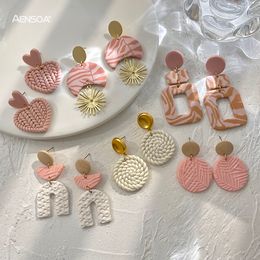 AENSOA Unique White Pink Polymer Clay Earrings for Women Handmade Braided Moulded Leaf Pattern Geometric Clay Earrings Jewellery