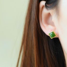 Party Favor An Jade S925 Silver Ancient Gold Plated Earrings Green Run Simple Square Versatile Noble Jewelry Wedding Fashion