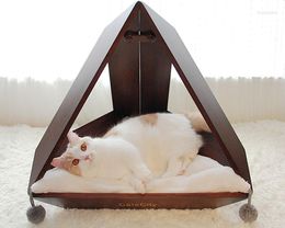 Cat Beds Triangular Space Litter Bamboo Wood Autumn And Winter Warm Bed With Cushion