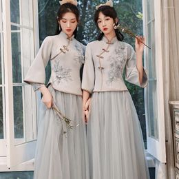 Ethnic Clothing Embroidered Flower Chinese Stand Collar Qipao Women Grey Big Size Wedding Party Dress Casual Vintage Dresses Shirt Skirt