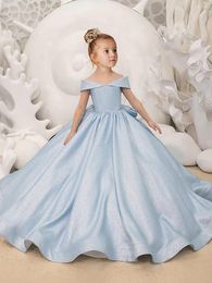 Girl Dresses Blue Flower Elegant Princess Satin Ball Gown For Kids Birthday Party Dress Simple Bow First Communion