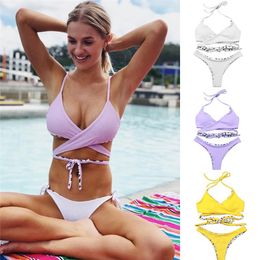 Women's Swimwear Sexy Solid Biquinis Padded Tied Bowknot High Waist Bikini Set Women Halter Swimsuit Bathing Suit Maillot De Bain