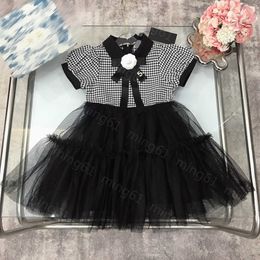 23ss girls Dress Princess dresses summer dress kids designer clothes Lapel camellia Thousand-bird lattice Mesh stitching short-sleeved dress kids clothes