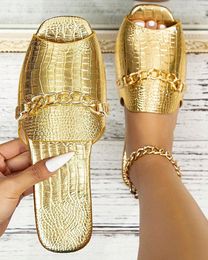 Sandals Women Summer Fashion Casual Flat Solid Colour Shoes 2023 Homewear Crocodile Chain Decor Peep Toe Slippers