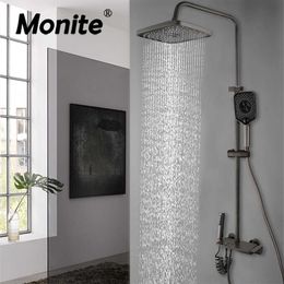 Bathroom Shower Sets Monite Gun Grey Bathroom Wall Mounted Square Rainfall Top Spray Shower Set Four Style Button Control With Bidet Mixer Tap Faucet G230525