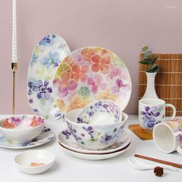 Dinnerware Sets TingKe Japanese Style Purple Flower Pattern Ceramic Tableware Modern Minimalist Household Bowl Plate Saucer Cup Mug