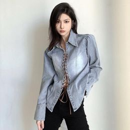 Women's Blouses Autumn Bandage Casual Denim Shirt Women Fashion Slim Cotton Ladies Plus Size Blue Jeans Tops Blouse Feminina 6245