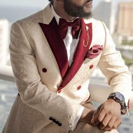 Men's Suits Men Suit 2 Pieces Slim Appliques Burgundy Collars Formal Fit Wedding Tuxedos Banquet Dress Jacket With Pants