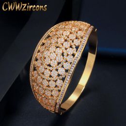 Bangle CWWZircons Glitter Indian Gold Colour Micro Pave Cubic Zirconia Fancy Flower Large Wide Statement Bridal Wedding Bangles BG037