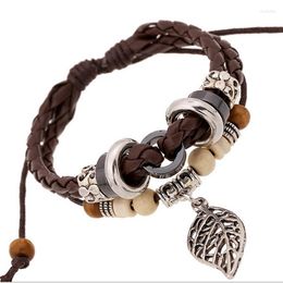 Strand Handmade Braid Retro Leather Bracelet For Woman Femme Men Wood Beads Alloy Leaf Pendent Charm Bracelets Bangles Jewelry