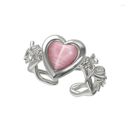 Cluster Rings 925 Sterling Silver For Women Pink Heart Stone Simple Minimalist Open Adjustable Finger Fashion Band Female Bijoux