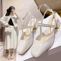 Slippers Beige Heeled Sandals Low Casual High-Heeled Shoes Lady String Bead Square Heel Slides Slipers Women Black Luxury Block