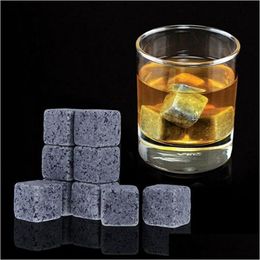 Ice Buckets And Coolers 180Pcs/20Set High Quality Natural Stones 9Pcs/Set Whiskey Cooler Rock Soapstone Cube With Veet Storage Pouch Dhnmc