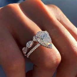 Band Rings Huitan Delicate AAA Pear Crystal Zircon Women Wedding Bridal Set Rings Proposal Ring for Girlfriend Fancy Gift Fashion Jewelry AA230524