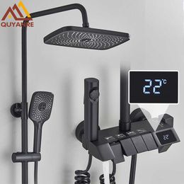 Bathroom Shower Sets Black Piano Digital Display Shower Set Paino 4-way Bathroom Faucets Hot Cold Waterfall Tap Rainfall Shower System chuveiro G230525