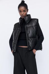 Women's Vests Winter Women PU Leather Cotton Jacket Button Up Top Thick Warm Sleeveless Vest Puffy Coat Black Plus Size Xxxl