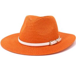 Wide Brim Hats HT3636 Fedoras Men Women Spring Summer Sun Hat Leather Belt Straw Male Female Travel Beach Cap Panama
