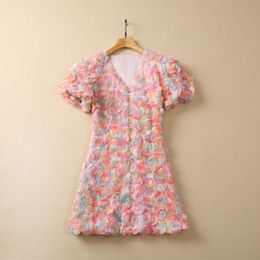 2023 Summer Pink Floral 3D Flowers Panelled Tulle Dress Short Sleeve V-Neck Buttons Short Casual Dresses S3W220518
