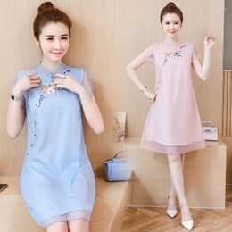 Ethnic Clothing Plus Size M-4XL Vintage Chinese Qipao Casual Party Women A-line Dress Short Sleeve Summer Embroidery Pink Blue Cheongsam