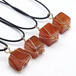 Pendant Necklaces Natural Red Agate Gemstone Unshaped Small Square Wire Stone Leather Rope Necklace For Women Gift Size 17mm