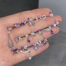 Cool Punk Pink Crystal Heart Bear Stud Earrings Screw Bead Piercing Purple Wings Cartilage Ear Studs For Women Party Jewelry