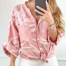 Women's Blouses V Neck Women Shirt Sequins Patch Pockets Single Breasted Adjustable Long Sleeve Irregular Print Casual Top Workwear