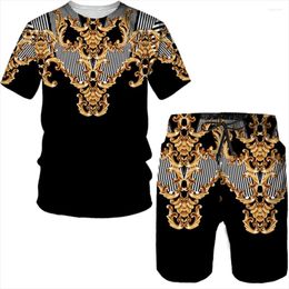 Men's Tracksuits Summer 3D Printed Retro Luxury Gold Pattern Men's Beach Short Sleeve T-shirt Shorts Casual Street 2-Piece Sports Suit