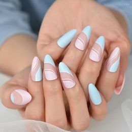 False Nails Almond Muleti Color Blue Top Fake Press On Nail Tips Salons At Home Manicure Full Cover Reusable Classy