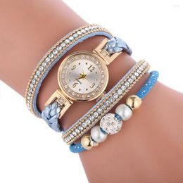 Wristwatches Women Rhinestone Bead Round Dial Snap Button Multi Layer Bracelet Quartz Watch