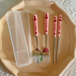 Dinnerware Sets Strawberry Set 3 In 1 Stainless Steel Chopsticks Spoon Fork Cutler Camping Travel With Case Kitchen Accessories