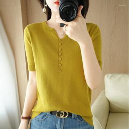 Women's T Shirts Summer Short-sleeved Women V-Neck Slim Cotton Pullover Vest T-shirt Button Decoration Knitted Base Casual Sweater