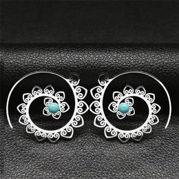 Vintage Ethnic Indian Carved Mandala Flower Dangle Earrings Stainless Steel Stone Boho Hollow Earring Jewellery pendientes flor