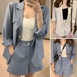 Women's Tracksuits Women Blazer Coat Shorts Set Solid Long-Sleeves Casual Outfit Lapel Jacket Short Pants Summer Lady Suit For Daily Wear