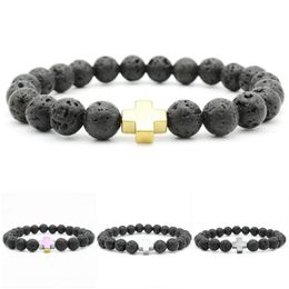 Beaded 8Mm Volcanic Lava Rock Religious Cross Bracelet Elastic Bangle Essential Oil Diffuser Bracelets Unisex Jewelry Gift 4 Colors Dh1Ay