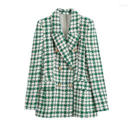 Women's Suits Women's Notched Lapel Double Breasted Plaid Tweed Blazers Jacket Casual Green Long Sleeve Open Front Blazer Coat Work