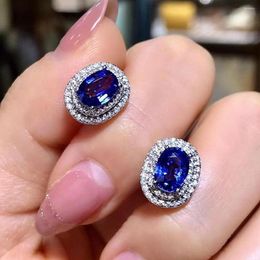 Stud Earrings Fancy 925 Silver Needle With Sparkling Round Blue Cubic Zircon For Women Luxury Wedding 2023 Trend Eternity Jewelry