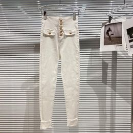 Women's Jeans Style Korean Womens Metal Button Elegant High Waist Stretch Pencil Pants Office Lady Double Pockets Fashion Skinny