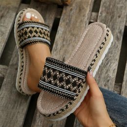 Slippers Vintage Ethnic Style Braide Geometry Beach Slipper Fashion Peep Toe Sandals Casual Thick Wedege Heel Slip-on Women's Shoes