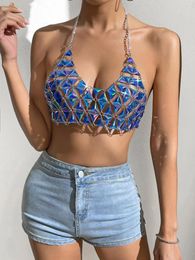 Women's Tanks Blue Sexy Rhinestones Crop Top Women Summer Backless Halter Chain Bra Night Club Party Rave Festival Tank 2023