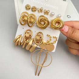 IPARAMVintage Pearl Earrings Set Metal Gold Colour Dangle Earrings Heart Butterfly Hoop Earrings Geometric Fashion Jewellery Trendy